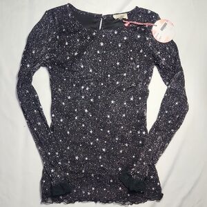Hayden Girls Black Glitter Star Mesh Long Sleeve Top Size 13/14 NWT